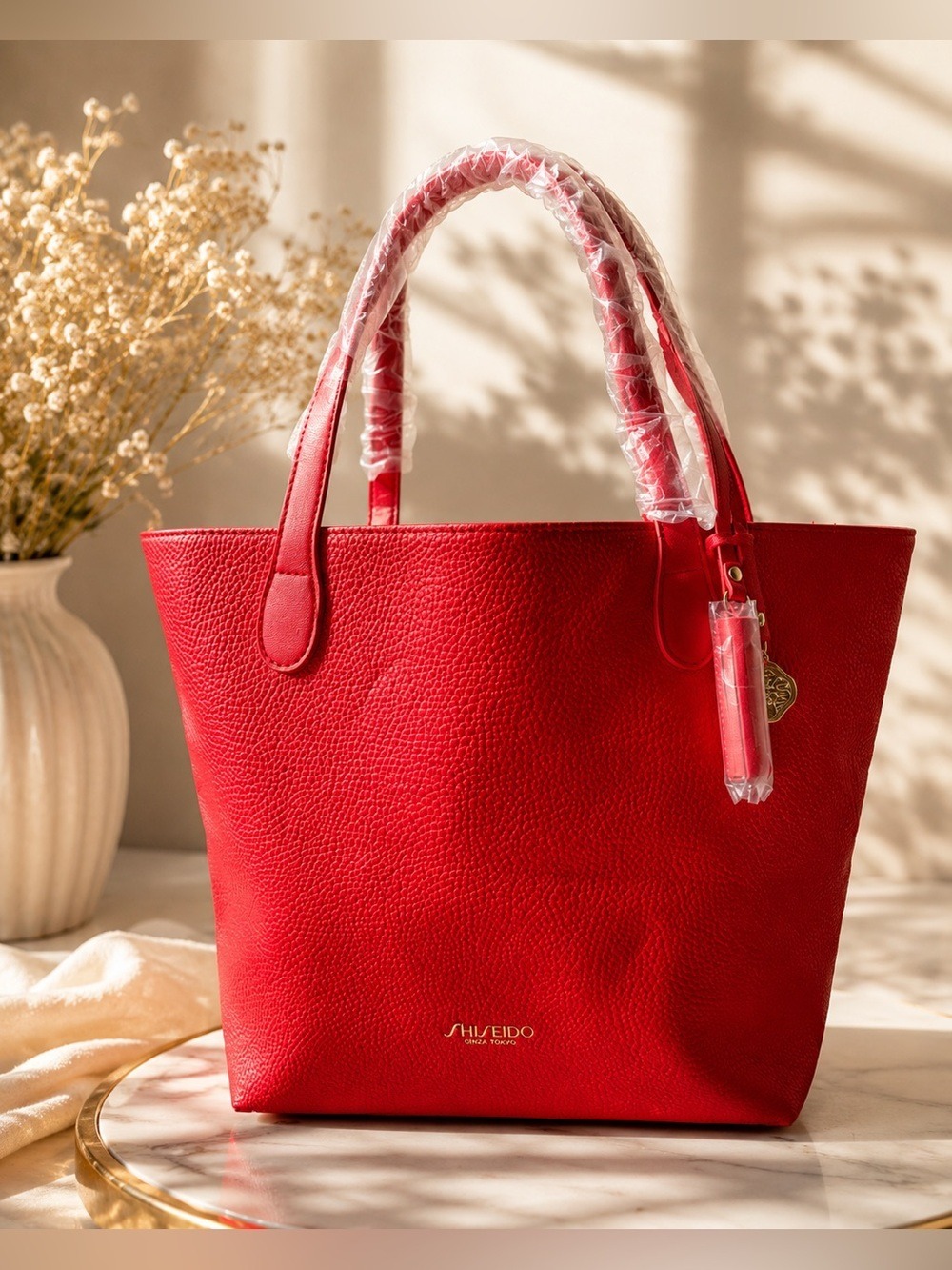 Shiseido Ginza Tokyo Red Tote Bag Pebbled Leather Look Shoulder Purse Gold Charm